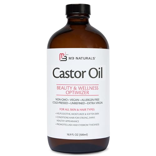 M3 Naturals 100% Pure Castor Oil for Hair Growth, Face and Body Care | Hexane-Free, Cold Pressed, Unrefined in a 16.9 fl oz (500M) Glass Bottle | Promotes Thicker Lashes and Eyebrows