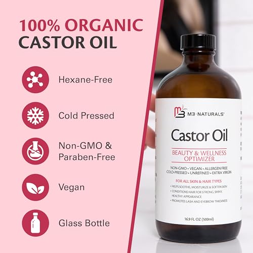 M3 Naturals 100% Pure Castor Oil for Hair Growth, Face and Body Care | Hexane-Free, Cold Pressed, Unrefined in a 16.9 fl oz (500M) Glass Bottle | Promotes Thicker Lashes and Eyebrows