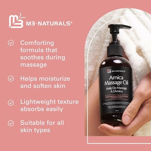 M3 Naturals Arnica Sore Muscle Massage Oil with Collagen, Stem Cells, and Menthol, Anti-Cellulite Therapy for Full Body, Fast-Absorbing Multipurpose Treatment