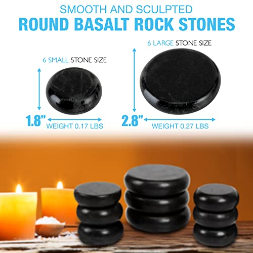 Hot Stones Massage Set with Warmer - Warm Round Basalt Stone Pack Heated Body Massaging Kit w/ Portable Electric Heater Bag 12 Large Small Rock, Digital Controller, for Professional & Home Spa Therapy