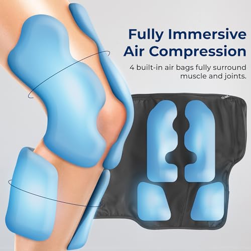 SereneLife Air Compression Knee Massager for Pain Relief and Therapy, Knee Elbow Shoulder Brace Wrap with 4 Vibration 2 Heating Modes 4 Airbags, Smart LED Controller, Ice Pack for Cold Massage