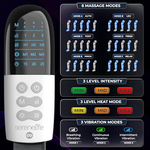 SereneLife Air Compression Leg Massager, Full Leg Massager with Heat and Compression, Portable and Adjustable with 6 Modes 3 Vibrations 3 Intensities, 11 Airbags for Thigh Calf Foot Massage