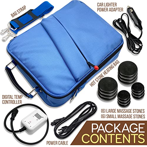 SereneLife Massage Stone Warmer Set - Electric Spa Hot Stones Massager & Heater Kit w/ 6 Large and 6 Small Round Shaped Basalt Massaging Rocks, Digital Controller Heating Bag (Black)