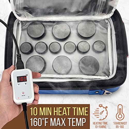 SereneLife Massage Stone Warmer Set - Electric Spa Hot Stones Massager & Heater Kit w/ 6 Large and 6 Small Round Shaped Basalt Massaging Rocks, Digital Controller Heating Bag (Black)