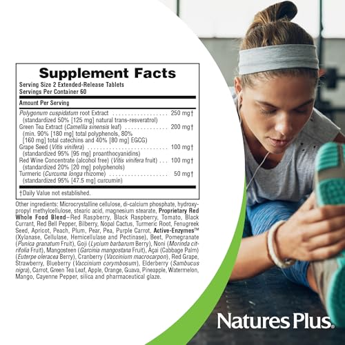 Natures Plus Herbal Actives Resveratrol, Extended Release - 125 mg, 120 Vegetarian Tablets - Gluten-Free - 60 Servings