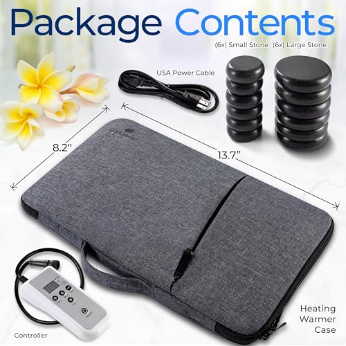 Massage Stone and Heating Bag Set - Electric Spa Portable Heated 12 Rocks Massage Stones and Warmer Set, Heat Rock Massaging Kit 6 Large and 6 Small Black Basalt Kit