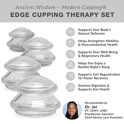 Lure Essentials Edge Silicone Cupping Set, Cupping Kit for Massage Therapy, Long Lasting Cups for Professional & Home Use, Body Sculpt Cup for Cellulite, Ultra Transparent Clear (8 Count)