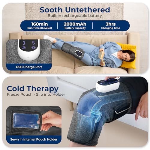 SereneLife Air Compression Knee Massager for Pain Relief and Therapy, Knee Elbow Shoulder Brace Wrap with 4 Vibration 2 Heating Modes 4 Airbags, Smart LED Controller, Ice Pack for Cold Massage