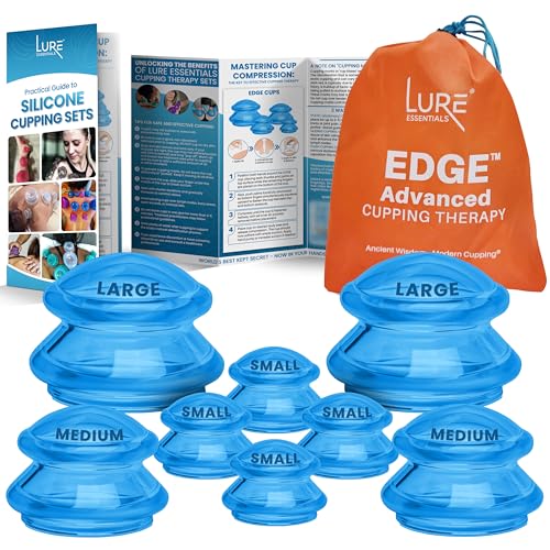 EDGE Silicone Cupping Set, Cupping Kit for Massage Therapy, Long Lasting Cups for Professional & Home Use, Body Sculpt Cup for Cellulite, FSA HSA Eligible, Ultra Transparent Blue (8 count)
