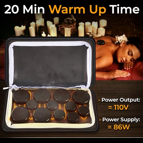 Massage Stone and Heating Bag Set - Electric Spa Portable Heated 12 Rocks Massage Stones and Warmer Set, Heat Rock Massaging Kit 6 Large and 6 Small Black Basalt Kit