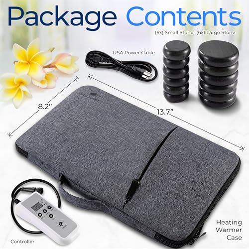 SereneLife Portable Basalt Stone Massage Set with Heating Bag - Hot Stones Massaging Black Basalt Kit, 12 Rocks Massage Stones and Warmer Set, Soothing Massage Accessories
