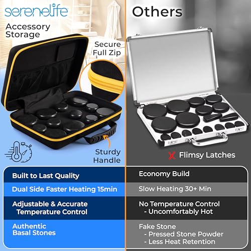 SereneLife Portable Basalt Stone Massage Set with Heating Bag - Hot Stone Massaging Black Basalt Kit, 12 Rocks Massage Stones and Warmer Set, Soothing Massage Accessories