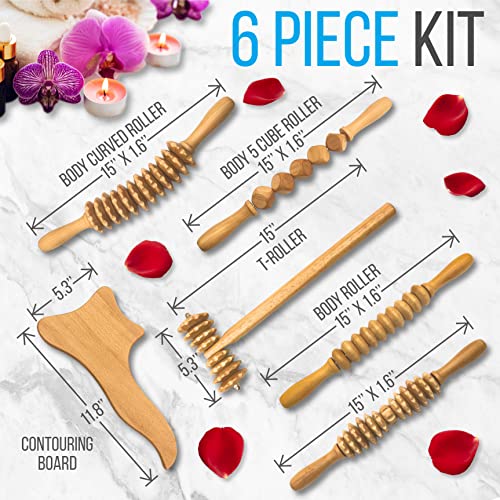 SereneLife 6 Piece Wooden Massage Roller Kit w/Hard Case, Anti Cellulite Lymphatic Drainage Tool for Body Sculpting and Shaping