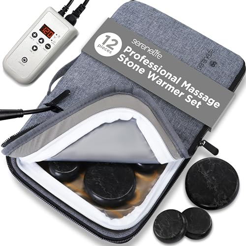 Massage Stone and Heating Bag Set - Electric Spa Portable Heated 12 Rocks Massage Stones and Warmer Set, Heat Rock Massaging Kit 6 Large and 6 Small Black Basalt Kit