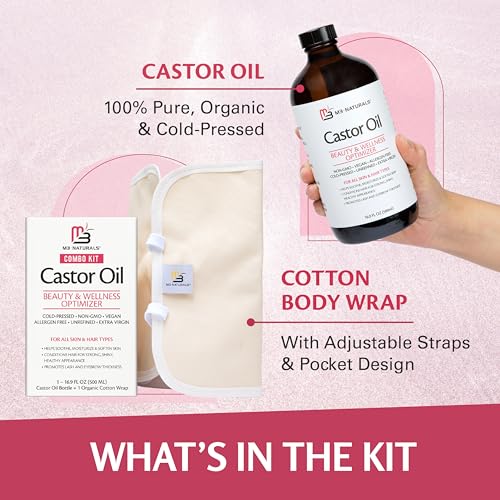 M3 Naturals Pure Castor Oil Pack Kit, Large Hexane-Free Cold-Pressed in Glass Bottle with Adjustable Reusable Organic Cotton Wrap for Detox and Wellness (1 of Each)