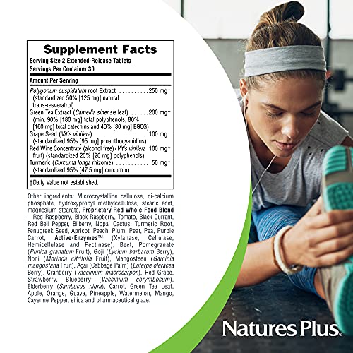 Natures Plus Herbal Actives Resveratrol, Extended Release - 125 mg, 120 Vegetarian Tablets - Gluten-Free - 60 Servings