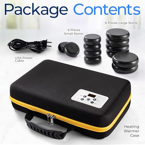 SereneLife Portable Basalt Stone Massage Set with Heating Bag - Hot Stone Massaging Black Basalt Kit, 12 Rocks Massage Stones and Warmer Set, Soothing Massage Accessories