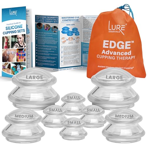Lure Essentials Edge Silicone Cupping Set, Cupping Kit for Massage Therapy, Long Lasting Cups for Professional & Home Use, Body Sculpt Cup for Cellulite, Ultra Transparent Clear (8 Count)