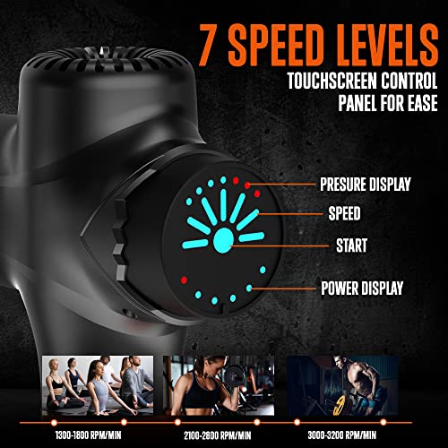 SQUATZ Portable Electric Massage Gun - Touchscreen Controls, Handheld Deep Tissue Massager for Sports Relief, 7 Speed Levels & 8 Massage Heads, 4800mAh Battery, High Power & Low Noise