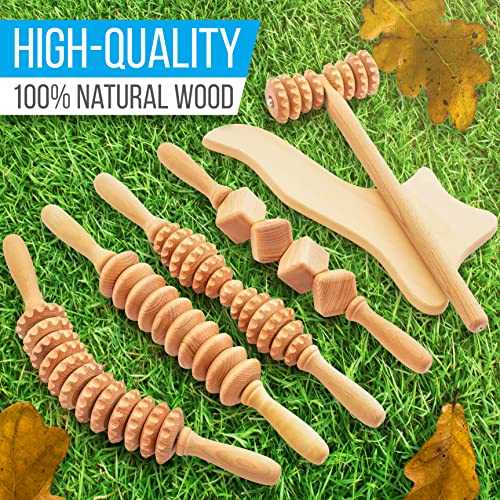SereneLife 6 Piece Wooden Massage Roller Kit w/Hard Case, Anti Cellulite Lymphatic Drainage Tool for Body Sculpting and Shaping