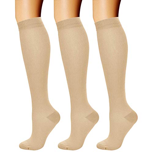 CHARMKING Compression Socks for Women & Men Circulation (3 Pairs) 15-20 mmHg is Best Athletic for Running, Flight Travel, Support, Cycling, Pregnant - Boost Performance, Durability (S/M,Beige)