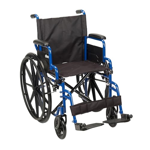 Drive Medical Blue Streak Lightweight Wheelchair - Portable Folding Mobility Aid - Swing-Away Footrests - Desk Arms - Durable Steel Frame - Easy Transport & Storage - 18-Inch Seat