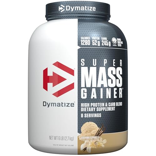 Dymatize Super Mass Gainer Protein Powder, Gourmet Vanilla, 52g Protein, 1g Creatine, 1280 Calories, 10.7g BCAAs, 245g Carbs, Contains Whey Protein Powder, Isolate, and Casein (8 Servings)