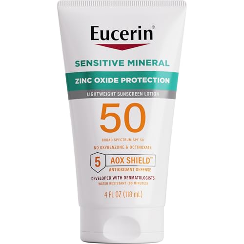 Eucerin Sun Sensitive Mineral Sunscreen Lotion SPF 50 with Zinc Oxide Protection, Hypoallergenic Sunscreen for Sensitive Skin, Oxybenzone and Octinoxate Free, 4 Fl Oz Tube
