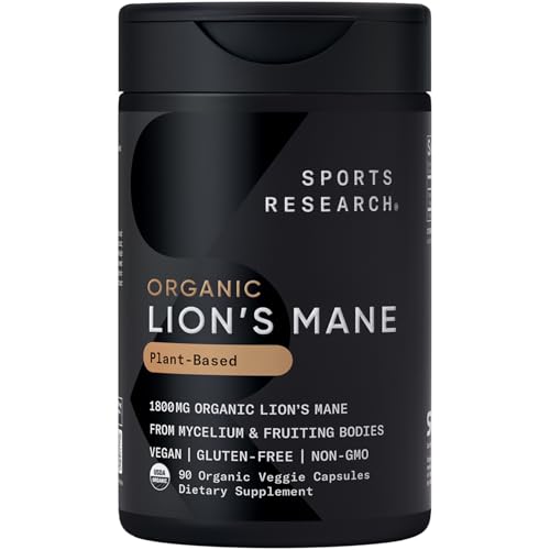 Sports Research® Organic Lion's Mane Mushroom Supplement 1800mg - Brain Health, Focus & Cognitive Supports - USDA Certified Organic · Non-GMO · Vegan - 90 Count Capsules