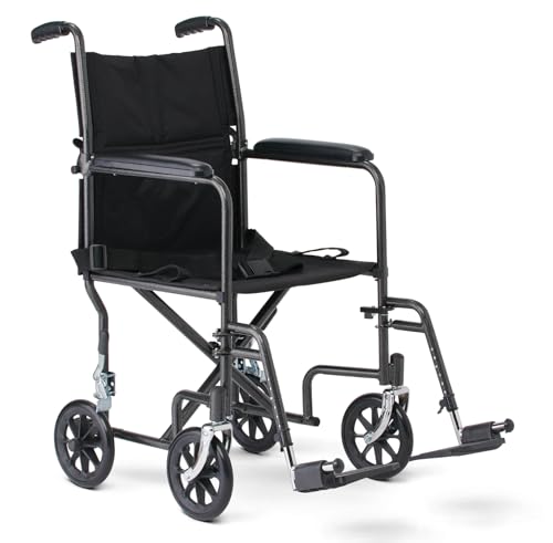 Medline Durable Folding Steel Transport Wheelchair with Swing-Away Footrests, 19-Inch Seat Width, Black Frame, Black Upholstery