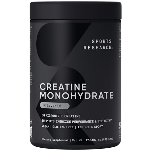 Sports Research Creatine Monohydrate - Gain Lean Muscle, Improve Performance and Strength and Support Workout Recovery* - 5 g Micronized Creatine - 17.64 oz