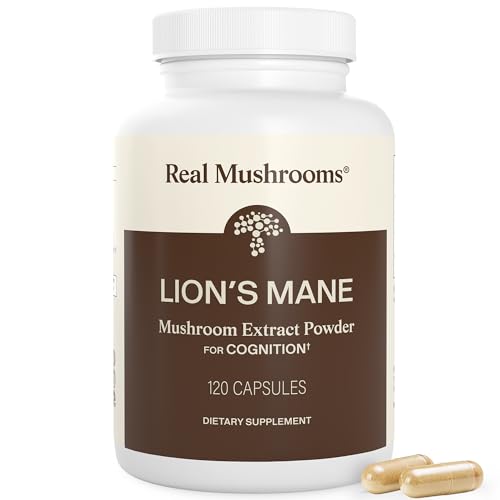 Real Mushrooms Lions Mane Mushroom Cognition (120 Capsules) Lions Mane Mushroom Powder Extract Capsules | Brain Supplement, Brain Vitamins, Focus Supplement