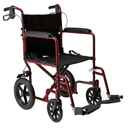 Medline Lightweight Foldable Transport Wheelchair with Handbrakes and 12-Inch Wheels, Red Frame, Black Upholstery