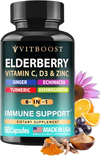 Elderberry Immune Support Supplement 8-in-1 Formula with Echinacea, Vitamin C & Zinc, Vitamin D 5000 IU, Turmeric, Ginger, Ashwagandha β 60 Capsules