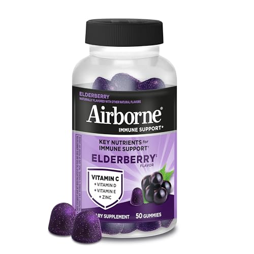 Airborne Elderberry + Zinc & Vitamin C Gummies For Adults, Immune Support Vitamin D & Zinc Gummies With Powerful Antioxidant Vitamins C D & E - 50 Gummies, Elderberry Flavor