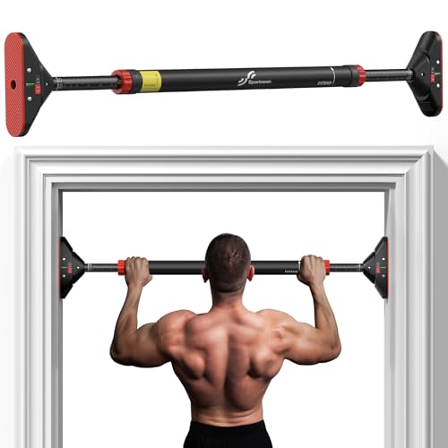 Pull Up Bar for Doorway: Sportneer Strength Training Pull-up Bars without Screw - Adjustable Width Locking Mechanism Chin Up Bar, Thickened Steel Max Limit 440 lbs Upper Body Fitness Pullup Bars for Home (Black-Red)