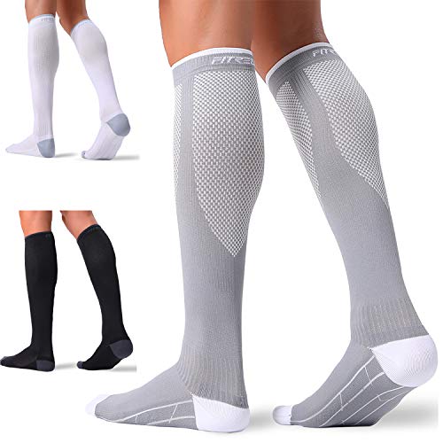 FITRELL 3 Pairs Compression Socks for Women and Men 20-30mmHg- Circulation and Muscle Support Socks for Travel, Running, Nurse, Knee High, Medical Black+White+Grey L/XL