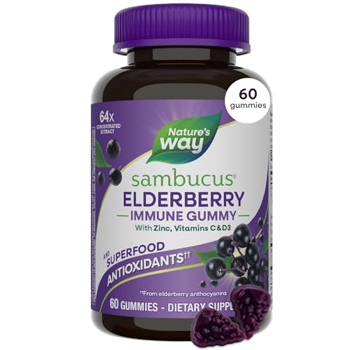 Natureβs Way Sambucus Elderberry Gummies, Immune Support Gummy for Adults & Kids Ages 4+ with Black Elderberry Extract, Vitamin C, Vitamin D3, and Zinc*, 60 Gummies