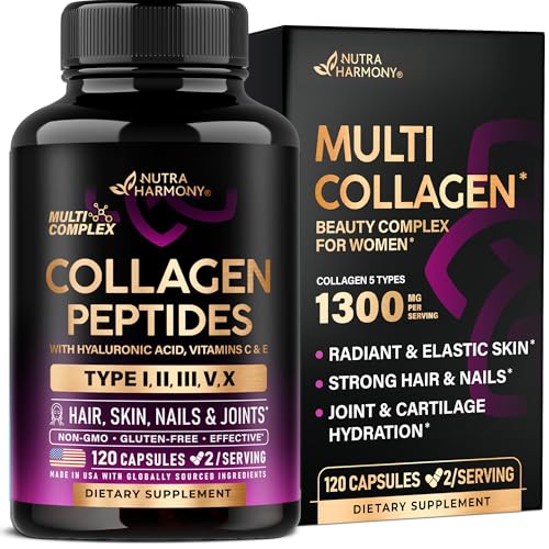 Multi Collagen Peptides - Hydrolyzed Types I, II, III, V & X - Collagen Supplement for Women 1300mg - w/ Hyaluronic Acid, Vitamins C & E - Skin, Hair, Nails & Joint Support - Made in USA, 120 Capsules