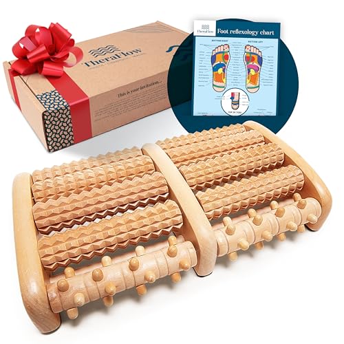 TheraFlow Foot Massager for Neuropathy & Plantar Fasciitis Relief - Mom Gifts for Women & Gifts for Dad, Wooden Foot Roller Massager, Neuropathy Pain Relief for Feet (Includes Reflexology Chart)