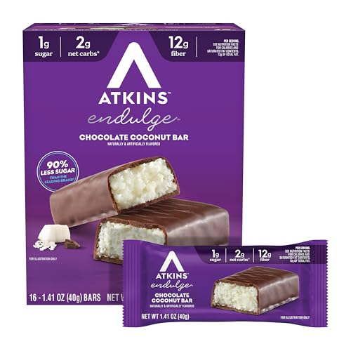 Atkins Endulge Chocolate Coconut Flavored Snack Bar, 1g Sugar, 12g Fiber, Low Sugar Snack, High Fiber Bars, Keto Friendly Treat, 16 Count