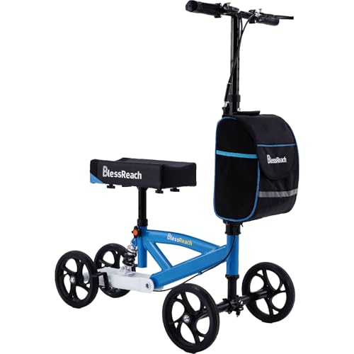 BlessReach Steerable Knee Scooter Deluxe Medical Scooter for Foot Injuries Compact Crutches, with Dual Rear on-Wheel Brake and Shock Absorption Under The Knee padοΌBlueοΌ