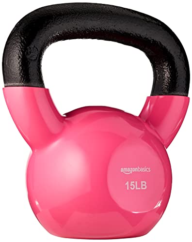 Amazon Basics Vinyl Kettlebell Weight for Strength Training, Workout, 15 Pounds, Textured Wide Handle, Pink