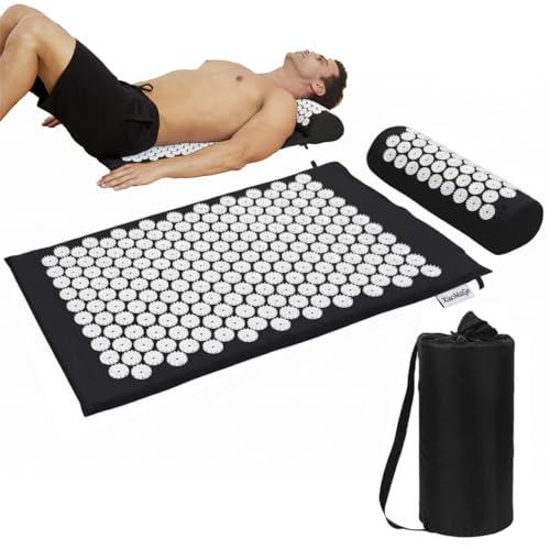 XiaoMaGe Acupressure Mat and Pillow Set with Bag - Large Size 28.7 X 16.5 inch Acupuncture Mat for Neck & Back Pain, Muscle Relaxation Stress Relief, Sciatica Pain Relief Pillow (Black)