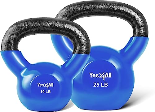 Yes4All Kettlebells 10 25 lbs Set Weight Vinyl Coated Cast Iron for Dumbbell Weights Exercises, Gym, Fitness, Full Body Workout Equipment Push up, Grip and Strength Training, Blue