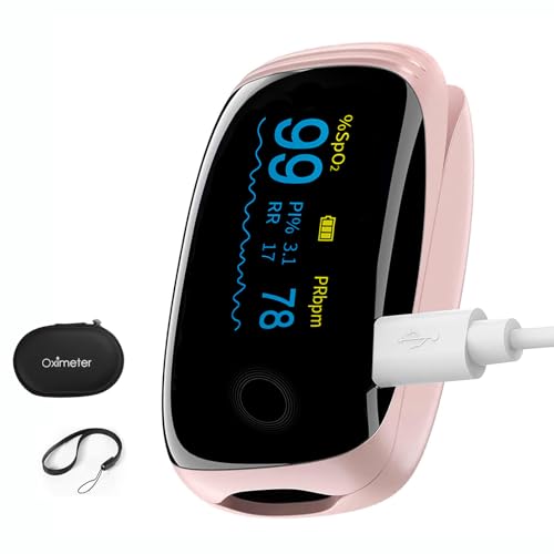 Rechargeable Pulse Oximeter Fingertip Oxygen Monitoring Fingertips with SpO2 Pulse Rate and PI RR OLED Precision Rapid Oximeter SpO2 Readings Outdoor Sports Home (Pink)