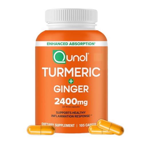 Qunol Turmeric Curcumin with Black Pepper & Ginger, 2400mg Turmeric Extract with 95% Curcuminoids, Extra Strength Supplement, Enhanced Absorption, Joint Support Supplement, 105 Count