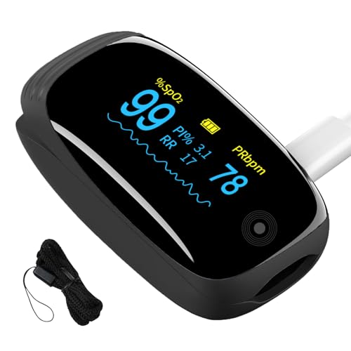 Fingertip Pulse Oximeter with Respiration Rate & Respiratory Monitoring SpO2, Heart Rate, PI & RR Measurements, Blood oximeter Rechargeable 6 Display Modes & 4-Way Rotatable Screen for Home & Sports Use（Black）