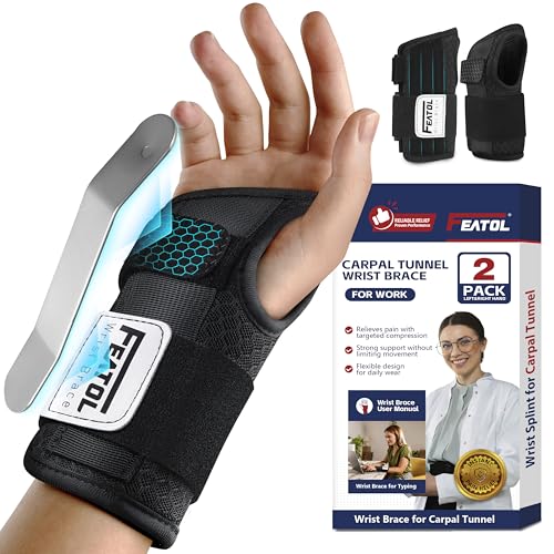FEATOL 2 Pack Carpal Tunnel Wrist Brace For Work With Wrist Splint, 6.5'' Wrist Brace Night Support For Women Men, Pain Relief For Tendonitis, Arthritis, Pregnancy, Typing, Right and Left Hand, Medium