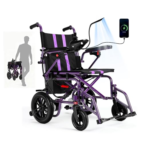 Electric Wheelchairs for Adults,Lightweight Foldable Wheelchair 15 Miles Long Travel Range, 360° Joystick Control Motorized Wheelchair, Support 286 lbs with LED Light Power Wheelchair (Purple)